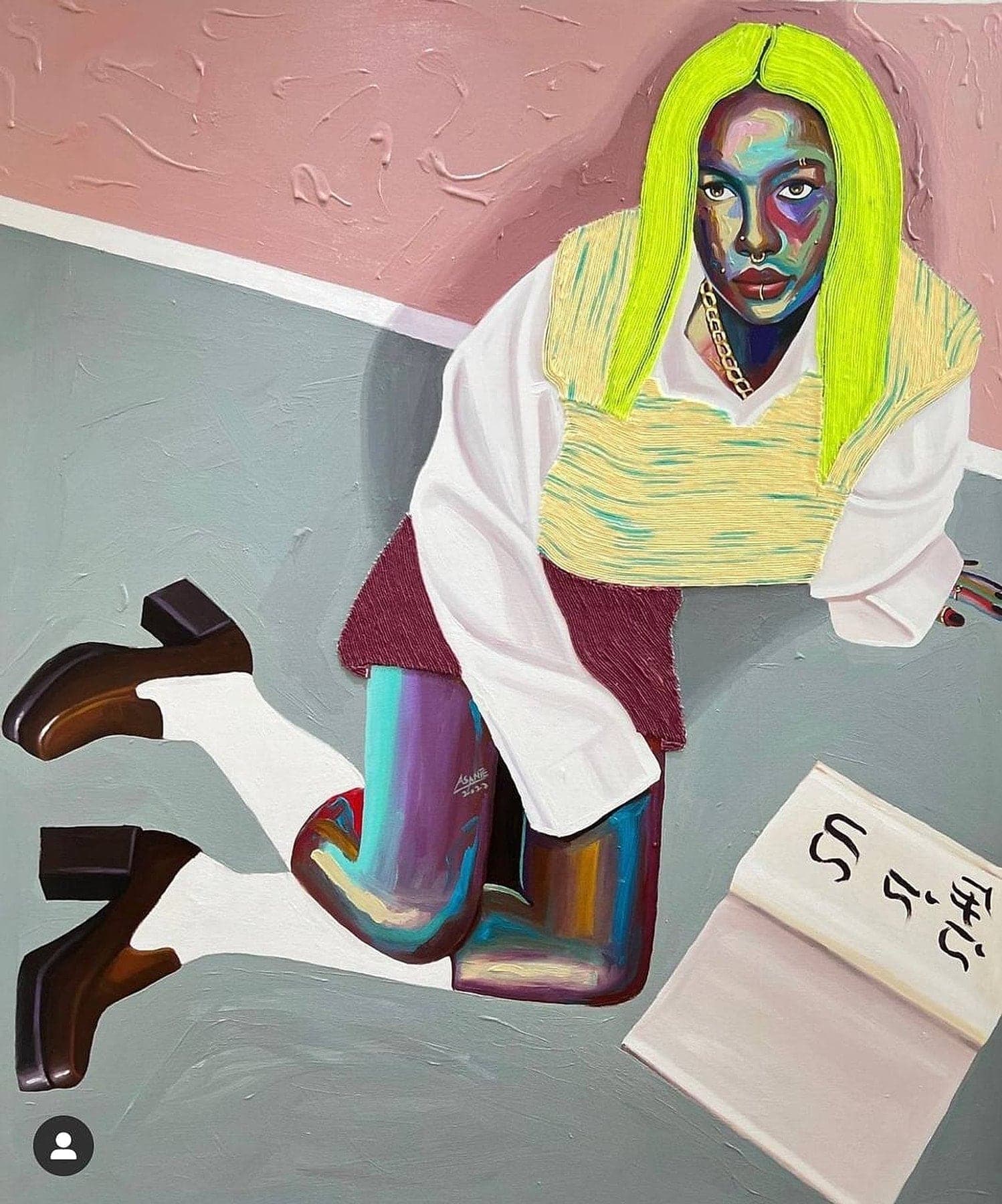 Becoming Loud by Benjamin Asante showing a figure with multicolored painted skin and neon yarn hair