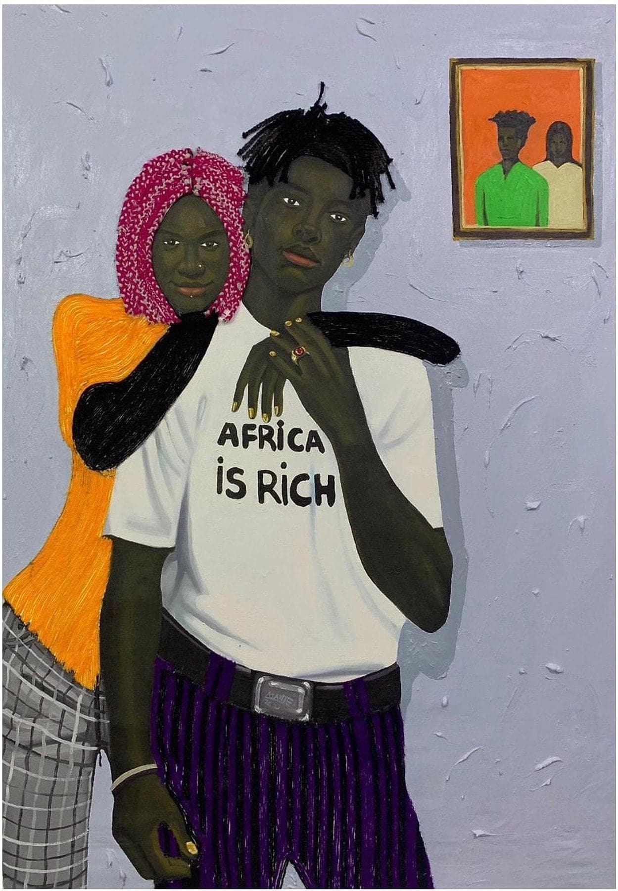 Inheritance by Benjamin Asante showing an embrace and a shirt reading Africa is Rich
