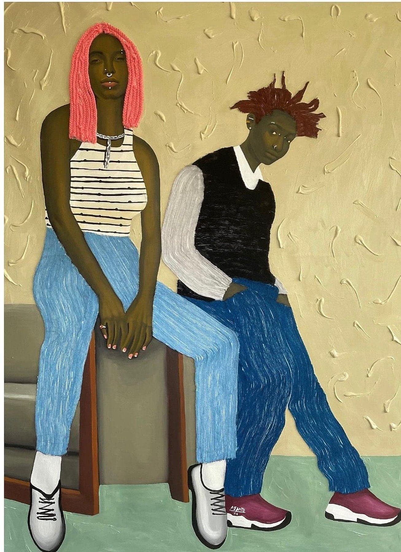 Soft Rebellion by Benjamin Asante showing two seated figures with yarn hair and calm presence