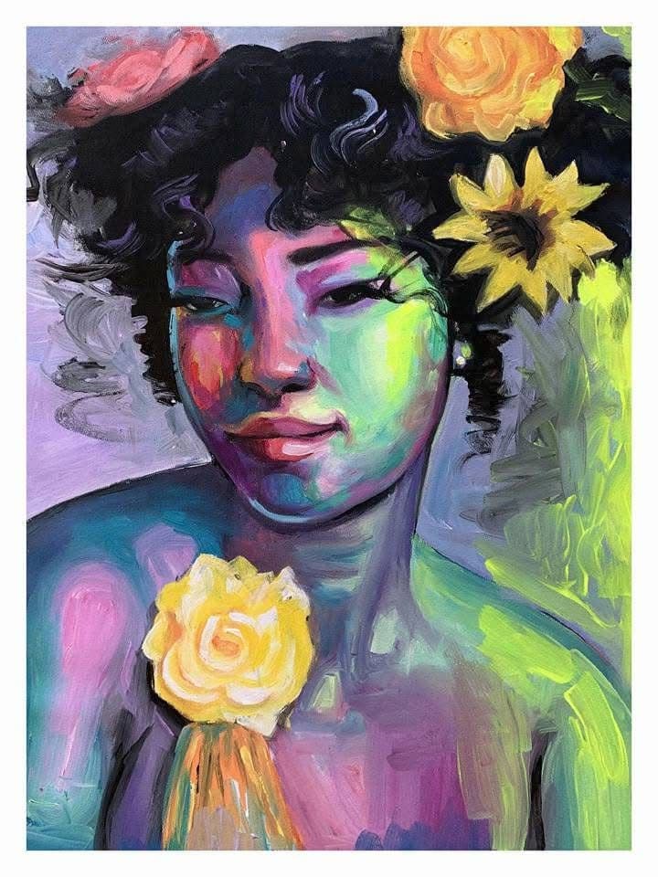 Crowned by Care by Benjamin Asante showing a woman held within flowers and luminous colour