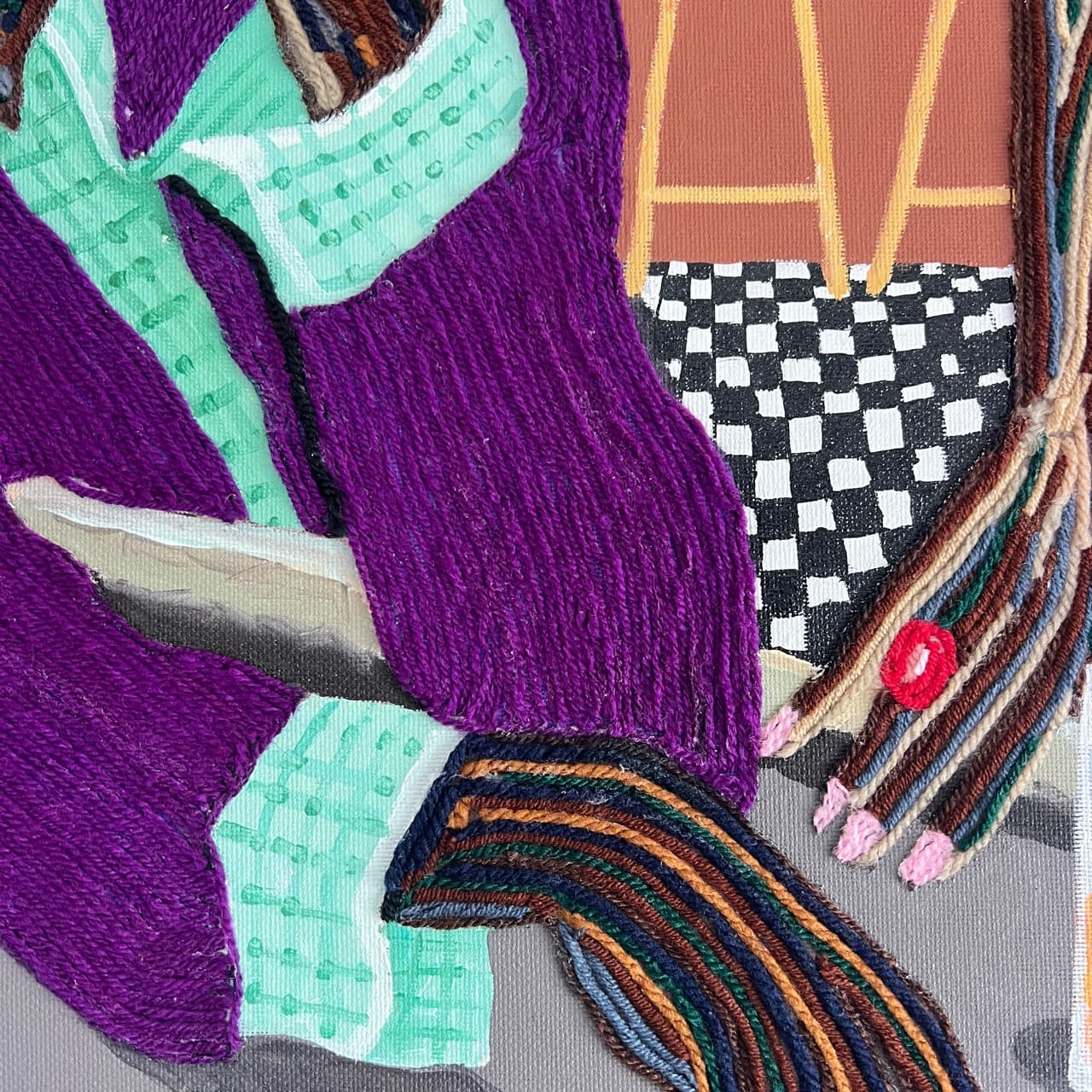 Detail of All In, Still Calm showing yarn-built sleeves and hands at the card table