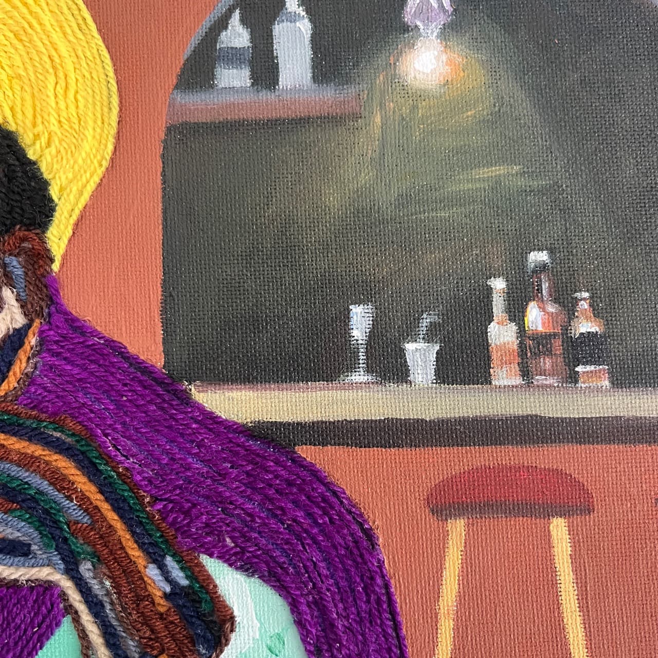 Detail of All In, Still Calm showing the dim bar interior behind the seated figure