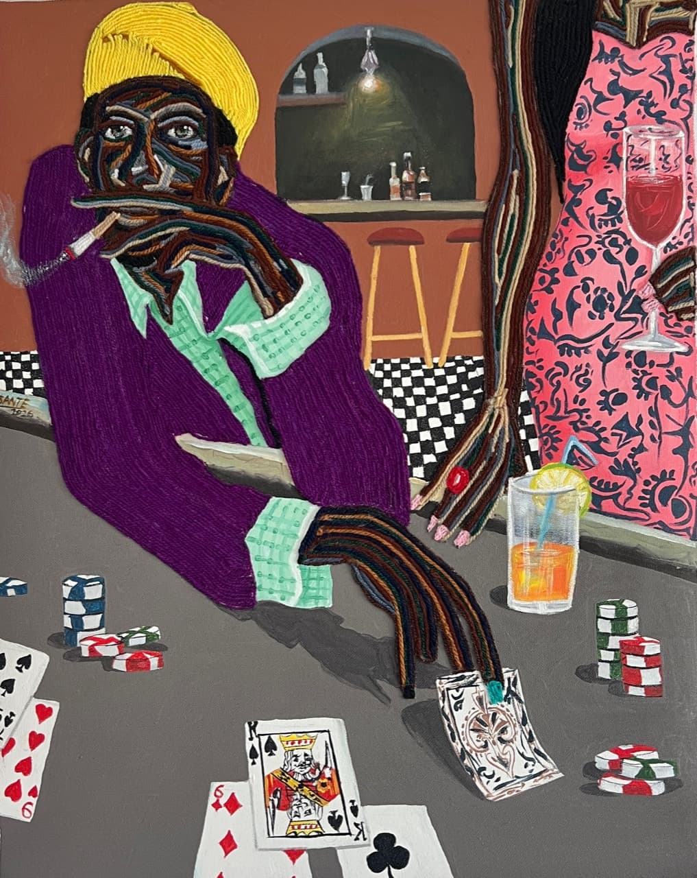 All In, Still Calm by Benjamin Asante, showing two figures at a card table with chips, drinks, and smoke in a bar interior