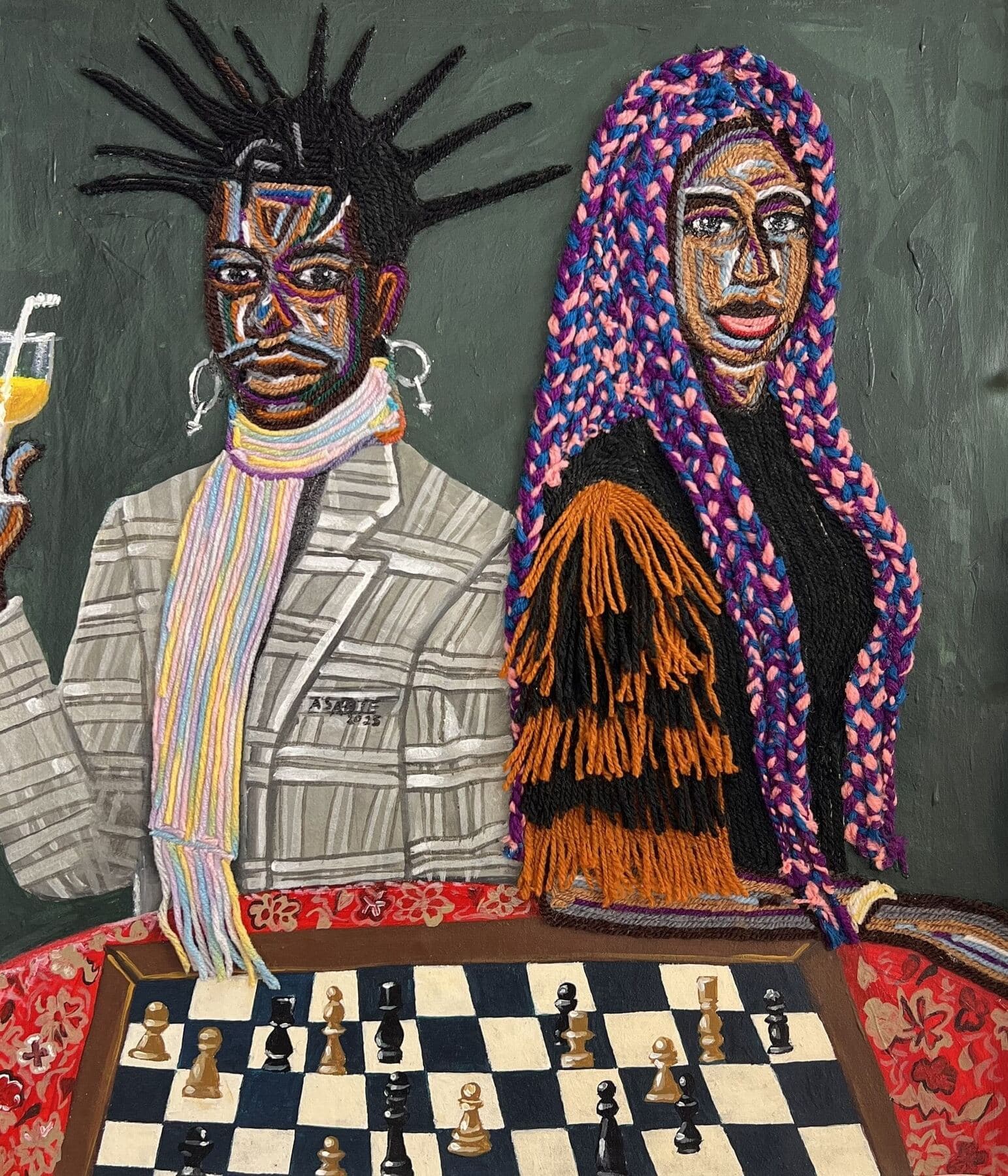 Check mate by Benjamin Asante, showing carefully arranged figures in a charged social scene