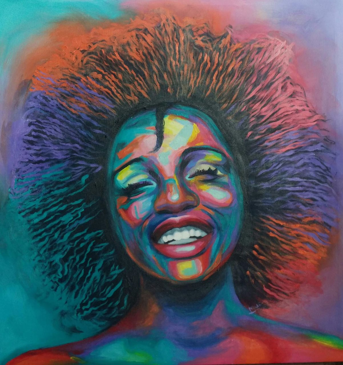 Crowned by Care by Benjamin Asante showing a woman held within flowers and luminous colour