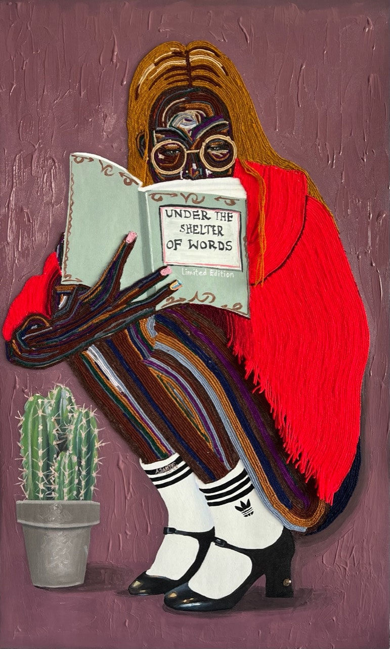 Cactus and Chapters by Benjamin Asante, showing a seated figure reading beside a cactus in an intimate sanctuary of woven colour